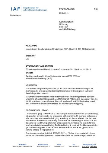 Överklagande av förvaltningsrättens dom, mål nr 10123-11 - IAF