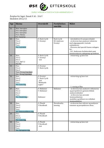 Årsplan for faget: Dansk 9. kl. - Skoleåret 2012/13 Uge Skema X & Y ...