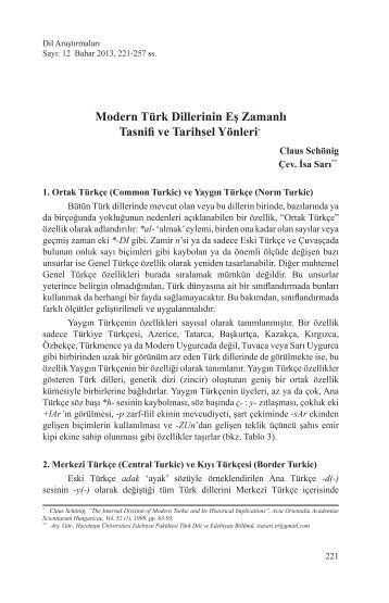 Modern Türk Dillerinin Eş Zamanlı Tasnifi ve ... - Dil Arastirmalari