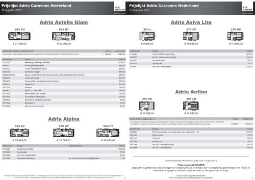 Adria Caravans Prijslijst 2013