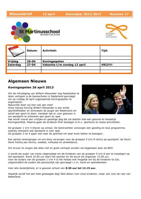 Nieuwsbrief 12 april 2013 - St. Martinusschool Millingen