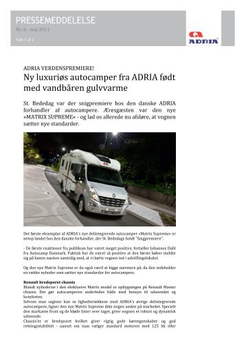 Ny luxuriøs autocamper fra ADRIA født med vandbåren gulvvarme