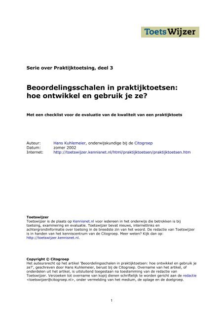 Beoordelingsschalen in praktijktoetsen - Toetswijzer - Kennisnet