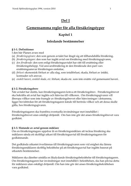 Förord Norsk Sjöförsäkringsplan 1996, version 2010 - Nordic Plan