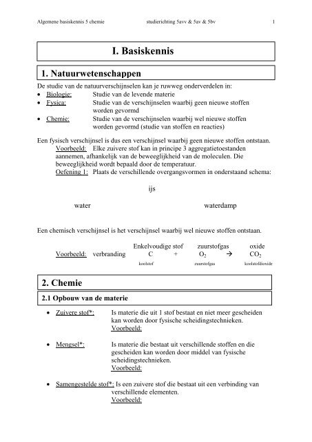 I. Basiskennis 1. Natuurwetenschappen 2. Chemie - Kunsthumaniora