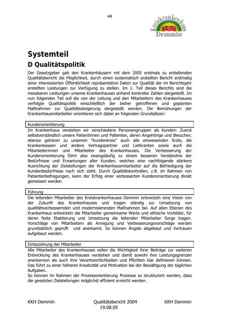 Qualitätsbericht 2004 - Kreiskrankenhaus Demmin