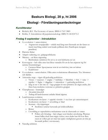Baskurs Biologi, 20 p, ht 2006 Ekologi - karin.röhsman.se