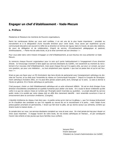 Engager un chef d'établissement - Vade-Mecum - codiec