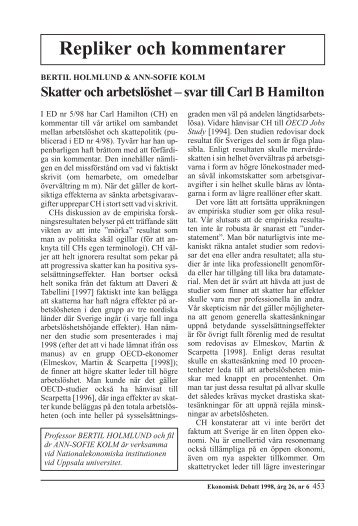 Skatter och arbetslöshet - svar till Carl B Hamilton - Ekonomisk Debatt