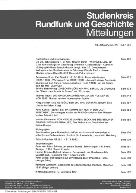 1992, 18. Jahrgang (pdf - Studienkreis Rundfunk und Geschichte