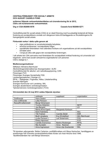 Verksamhetsberättelse 2012 - Centralförbundet för Socialt Arbete