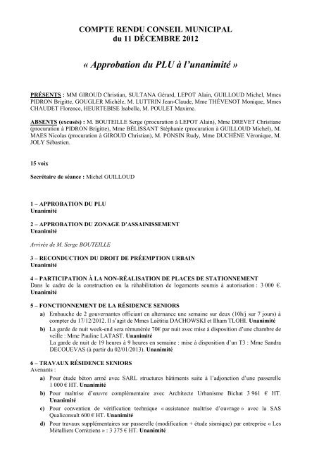 COMPTE RENDU DE LA REUNION DU CONSEIL MUNICIPAL DU ...