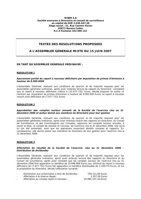 Texte des résolutions proposées AGM 15/06/2007 - Riber