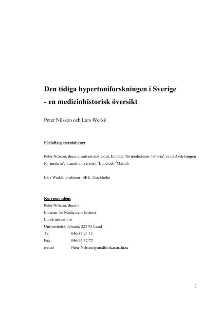 Den tidiga hypertoniforskningen i Sverige - en medicinhistorisk ...