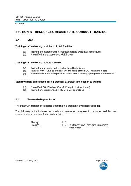 OPITO TRAINING COURSE HUET Diver