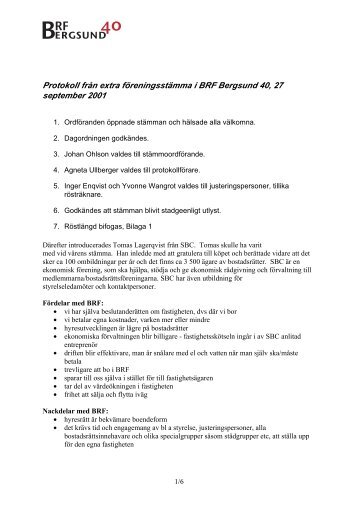 Protokoll från extra föreningsstämma i BRF Bergsund 40, 27 ...