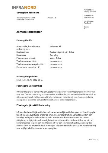 Jämställdhetsplan Företagets verksamhet Företagets ... - Seko