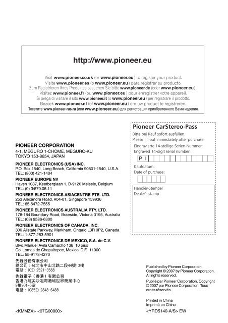 Pioneer DEH-2000MPB Car Radio OWNER'S MANUAL Operating ...