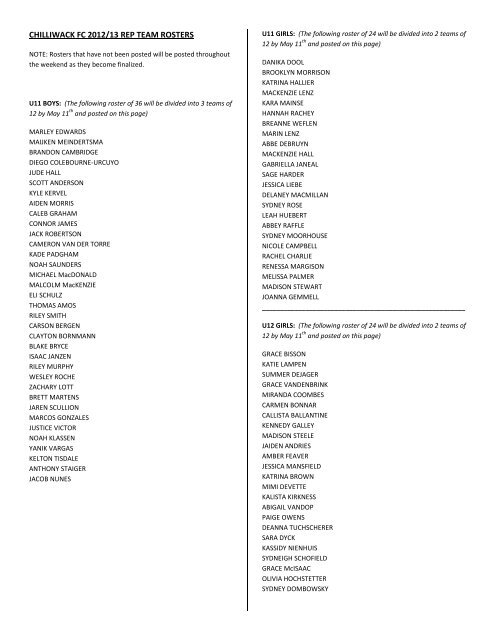 CHILLIWACK FC 2012 13 REP TEAM ROSTERS
