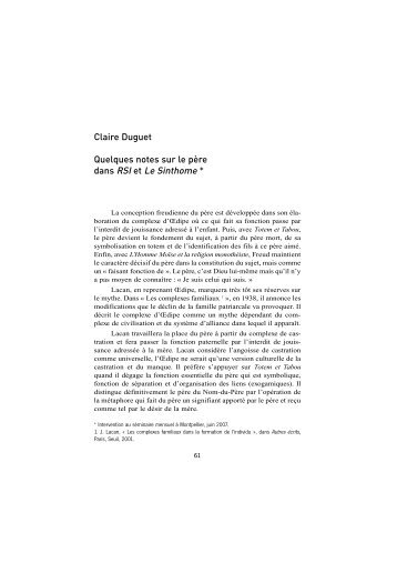 Claire Duguet Quelques notes sur le père dans RSI et Le Sinthome *