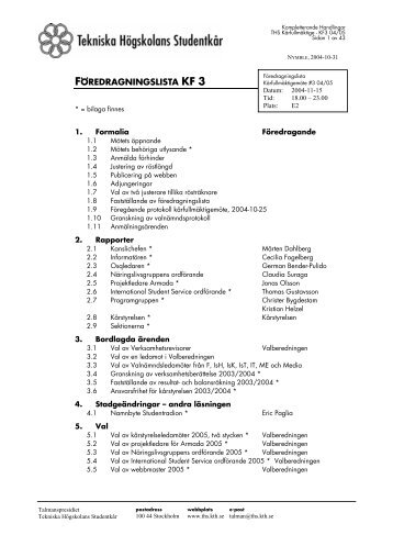 FÖREDRAGNINGSLISTA KF 3 - Tekniska Högskolans Studentkår ...