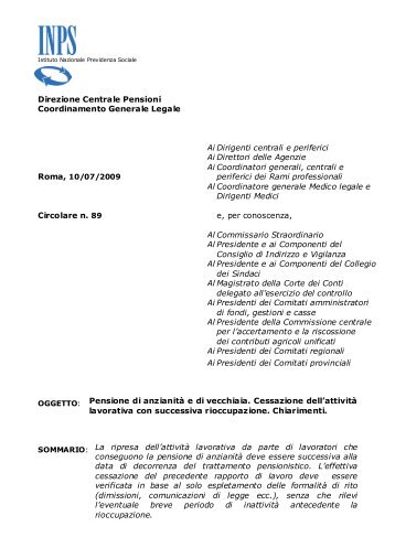 Circolare numero 89 del 10 luglio 2009 dell'INPS