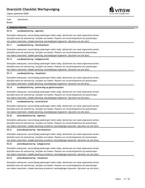 Overzicht Checklist Werfopvolging volgens typebestek B2005