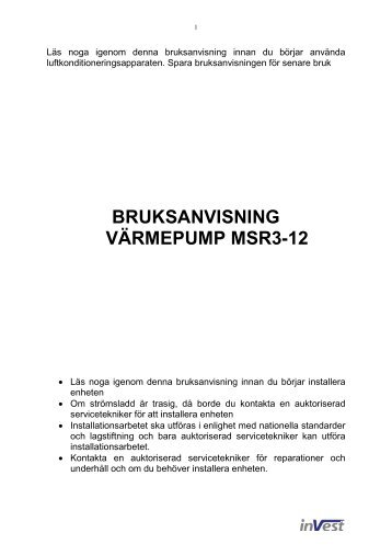 BRUKSANVISNING VÄRMEPUMP MSR3-12 - Byggmax