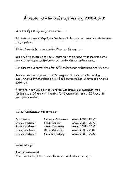 Årsmötesprotokoll 2008 - Pölsebo Småstugeförening