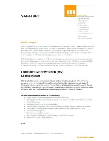 VACATURE Logistiek Medewerker Locatie Kessel - CRH Clay ...