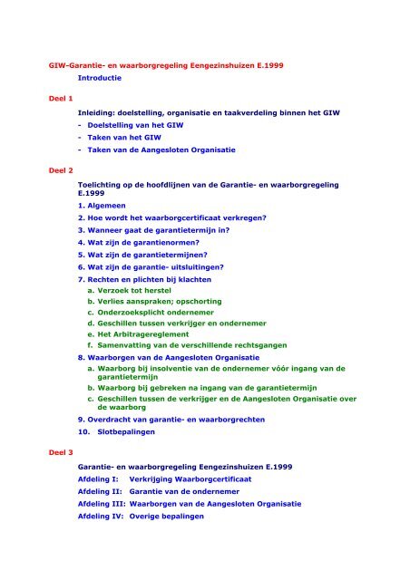 Transparant Kansen menigte GIW-Garantie- en waarborgregeling Eengezinshuizen E.1999 - Stabu