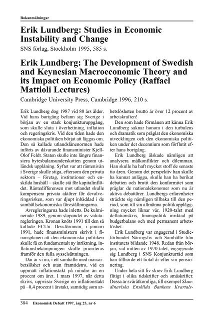 Erik Lundberg: Studies in Economic Instability ... - Ekonomisk Debatt