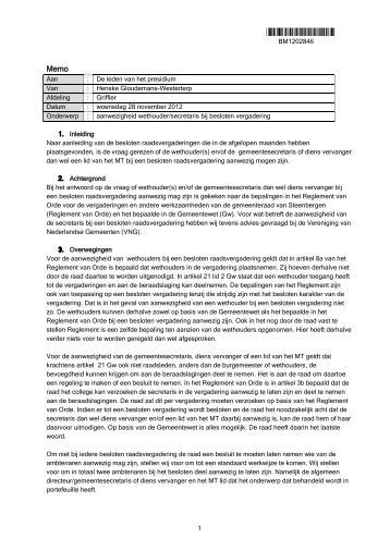 Memo aanwezigheid wethouder secretaris bij besloten vergadering ...