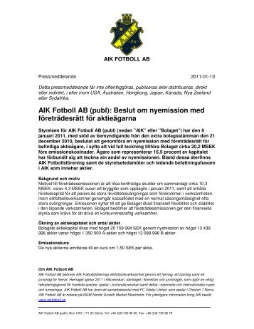 Beslut om nyemission med företrädesrätt.pdf - AIK Fotboll
