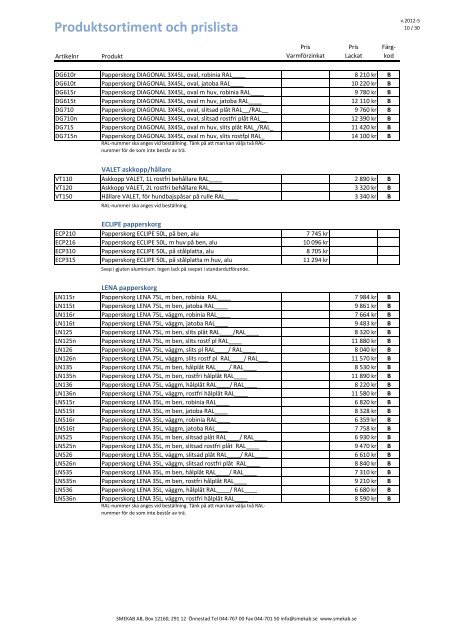 Produktsortiment och prislista - Smekab AB