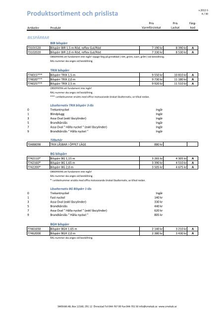 Produktsortiment och prislista - Smekab AB