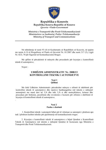 UDHËZIMI ADMINISTRATIV NR. 2008/13 Kontrollimi Teknik i ...