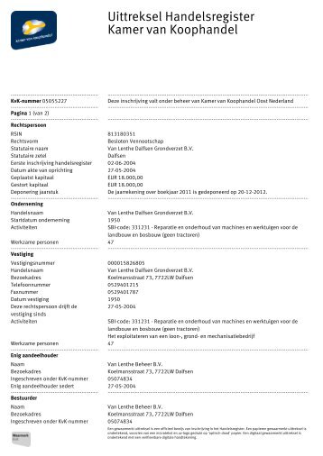 Uittreksel Handelsregister Kamer van Koophandel - Van Lenthe