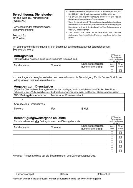 Berechtigung: Dienstgeber Antragsteller Angaben zum Dienstgeber ...