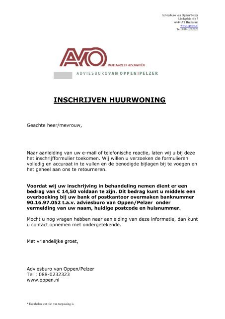 Inschrijfformulier huurwoning - Van Oppen