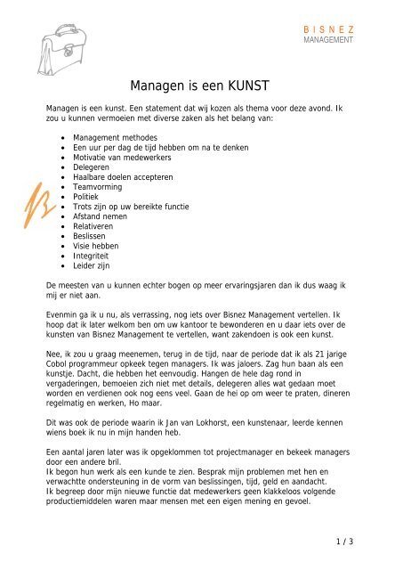 Managen is een kunst (Frans den Boer) - Bisnez Management
