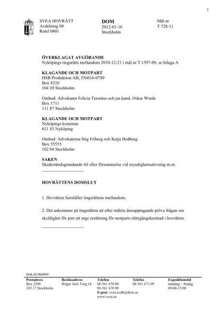 Svea hovrätts dom 2012-01-16 skadeståndskrav ... - och Bygglagen