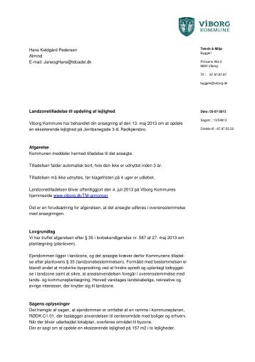 Landzonetilladelse til opdeling af lejlighed Viborg Kommune har ...