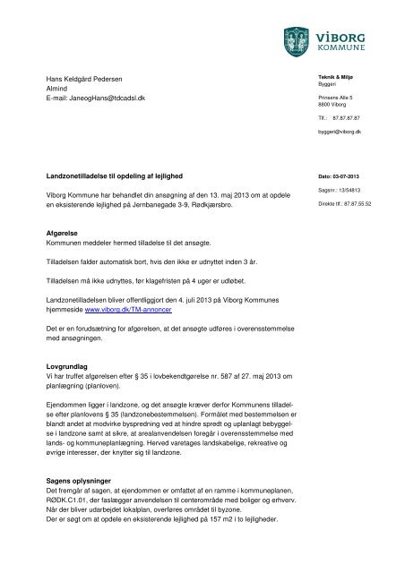 Landzonetilladelse til opdeling af lejlighed Viborg Kommune har ...
