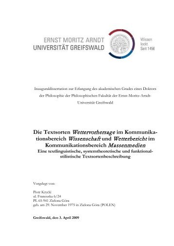 Die Textsorten "Wettervorhersage" - Ernst-Moritz-Arndt-Universität ...