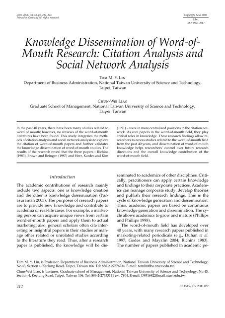Knowledge Dissemination of Word-of- Mouth Research ... - Libri