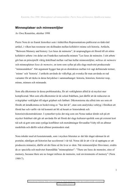 Minnesplatser och minnesmiljöer - Owe Ronström - ompom.se