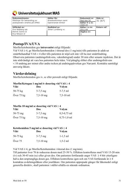 Riktlinjer för behandling av postoperativ smärta på UMAS
