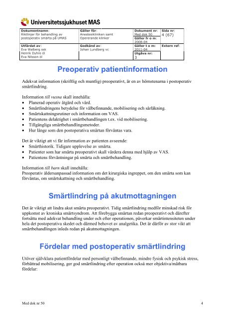 Riktlinjer för behandling av postoperativ smärta på UMAS