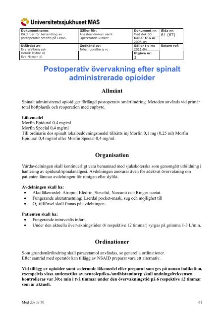 Riktlinjer för behandling av postoperativ smärta på UMAS